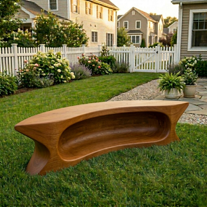 Solid Wood Outdoor Bench with Sculpted Hollow Base and Organic Curved Silhouette