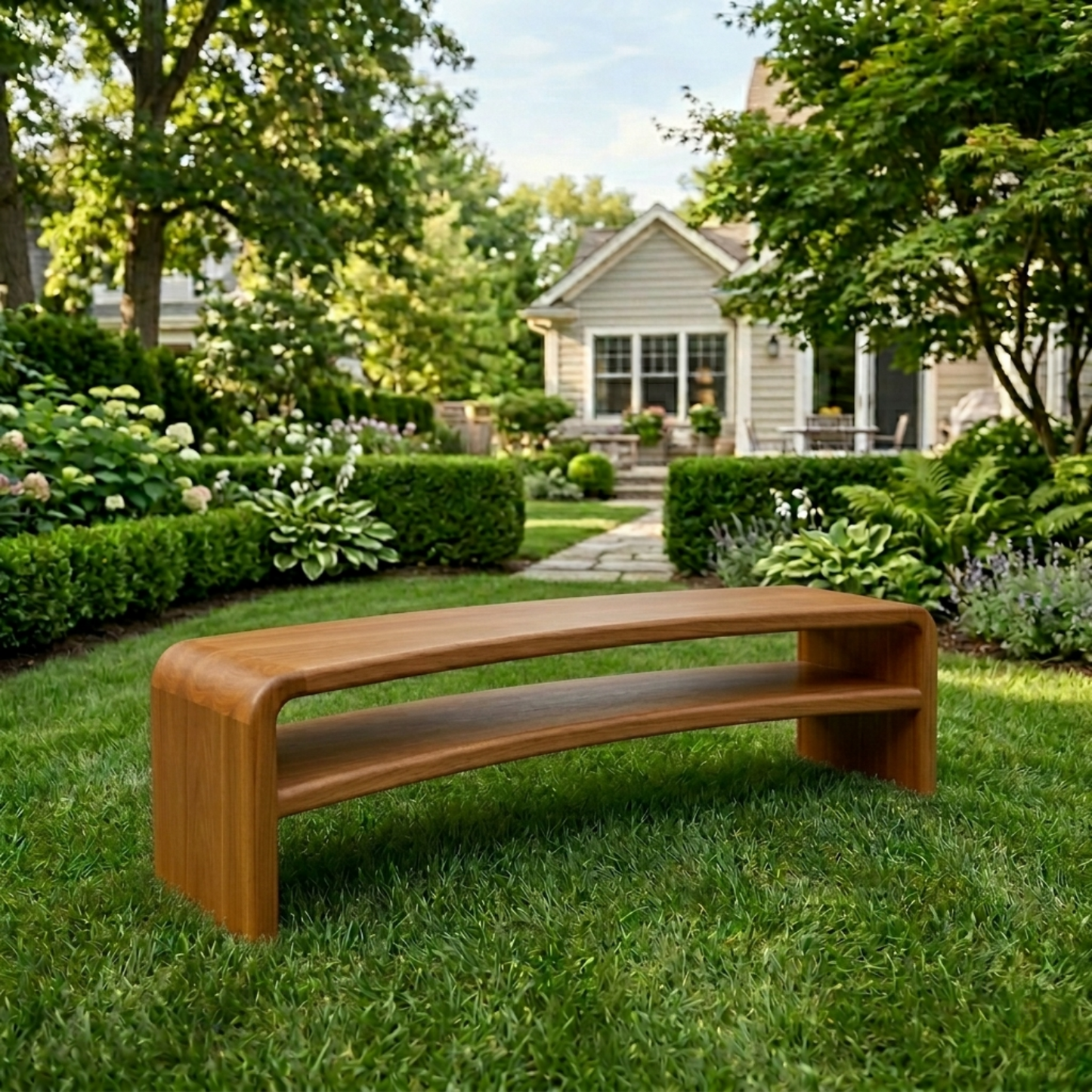 Solid Wood Outdoor Bench with Curved Waterfall Frame and Open Shelf Design