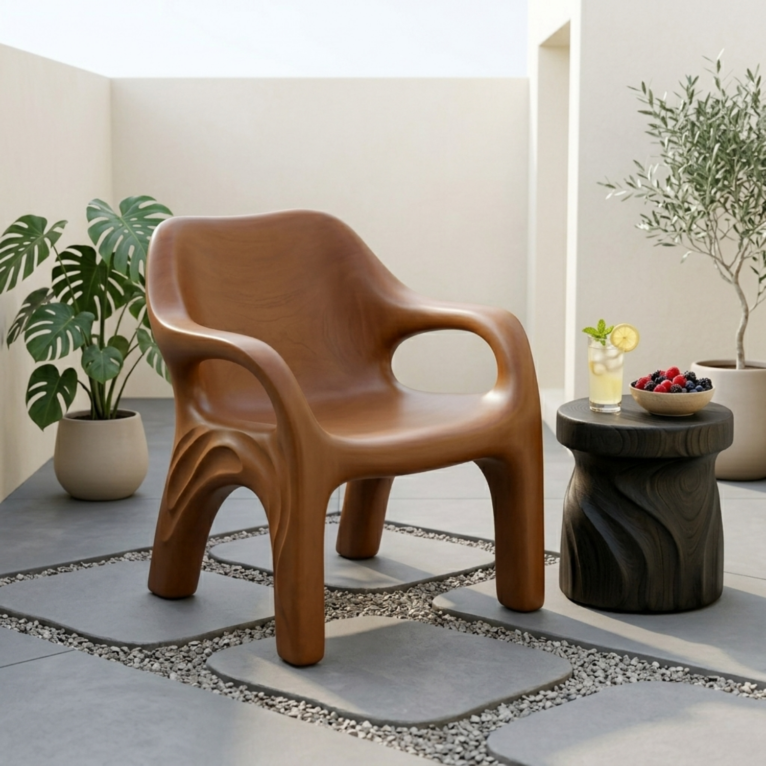 Handcrafted Solid Wood Armchair – Sculptural Organic Curve Accent Chair