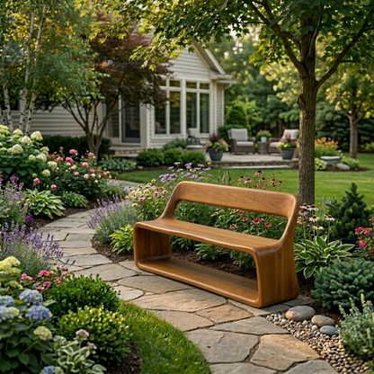 Solid Wood Outdoor Bench with Curved Backrest and Integrated Open Shelf Base