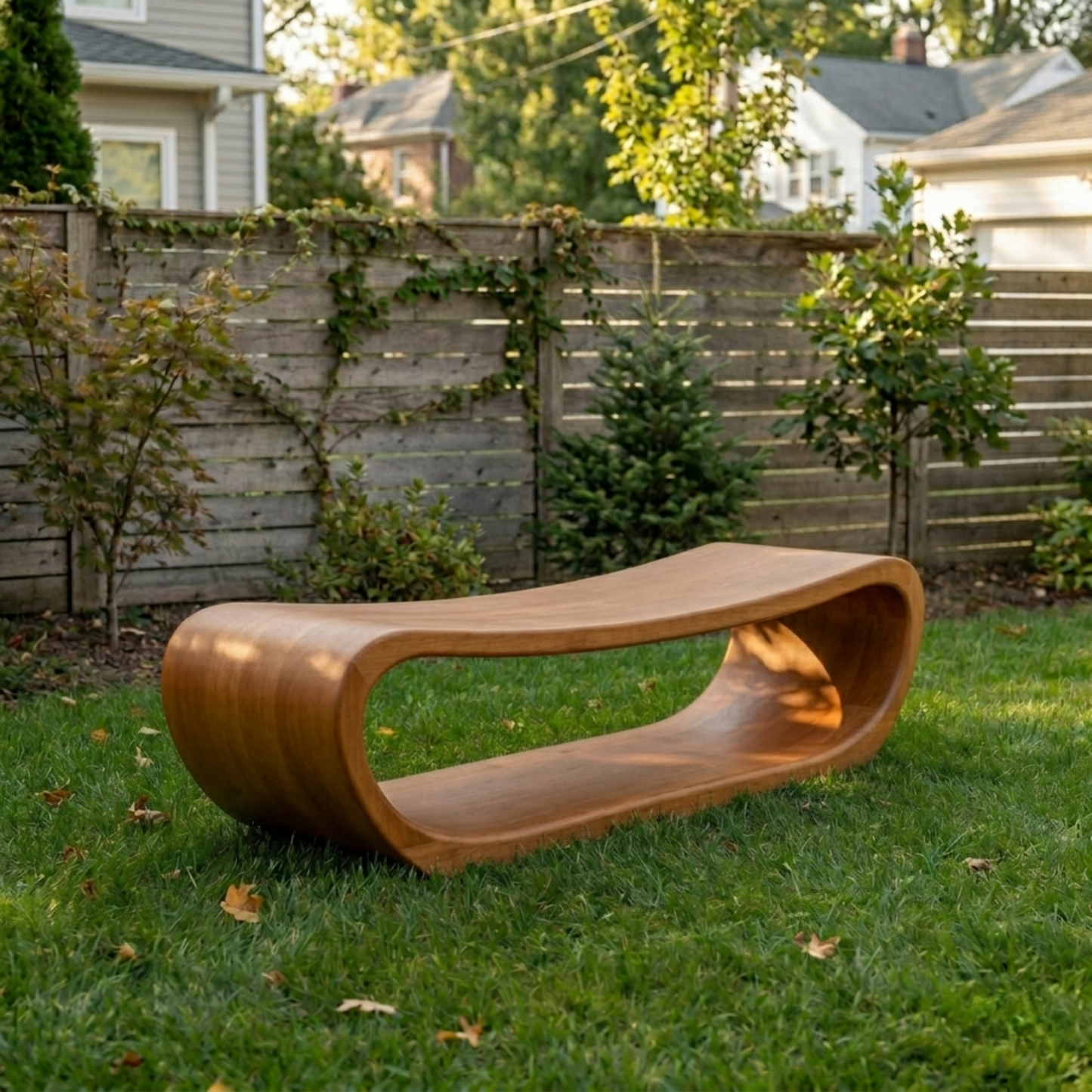 Solid Wood Outdoor Bench Curved Hollow Design with Sculptural Loop Base