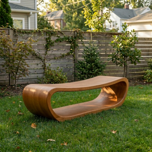 Solid Wood Outdoor Bench Curved Hollow Design with Sculptural Loop Base