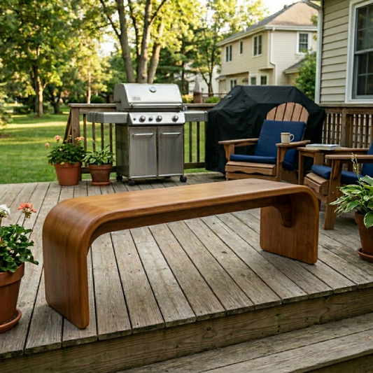 Solid Wood Outdoor Bench with Curved Waterfall Design and Minimalist Profile