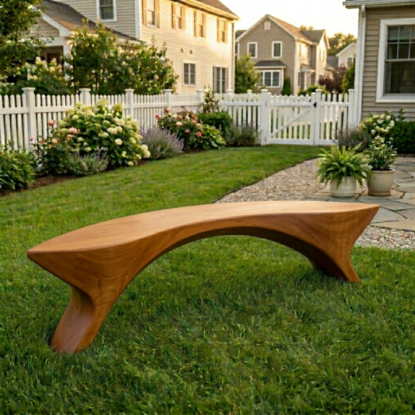 Solid Wood Outdoor Bench Sculptural Curved Design with Organic Arch Base
