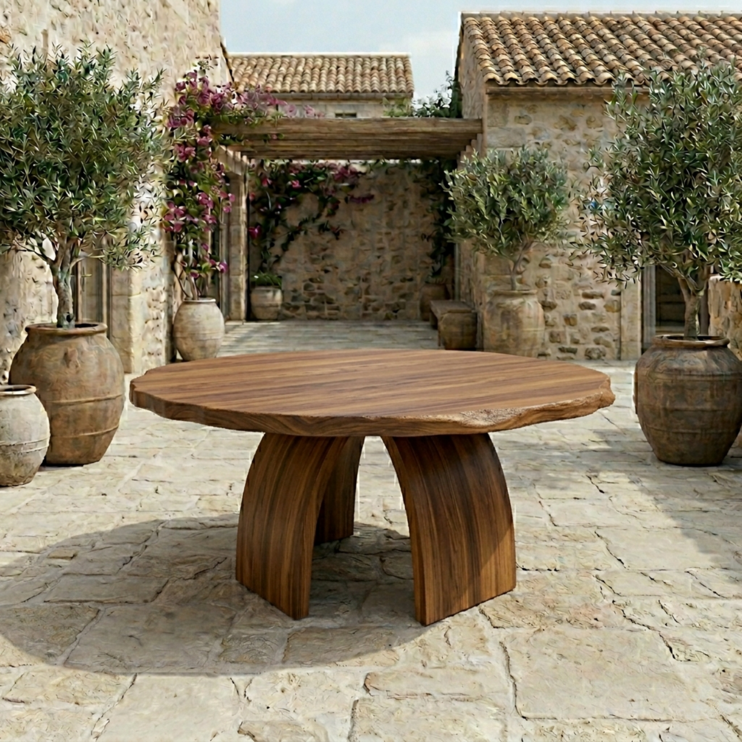 Round Live Edge Solid Wood Outdoor Dining Table with Curved Sculptural Pedestal Base