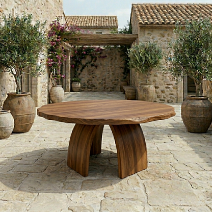 Round Live Edge Solid Wood Outdoor Dining Table with Curved Sculptural Pedestal Base