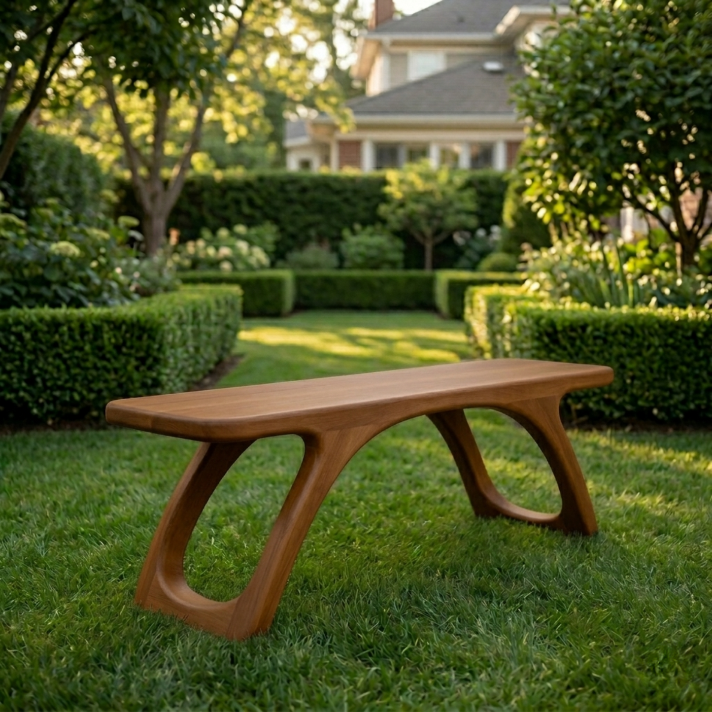 Solid Wood Outdoor Bench with Sculptural Cut-Out Legs and Organic Curved Frame