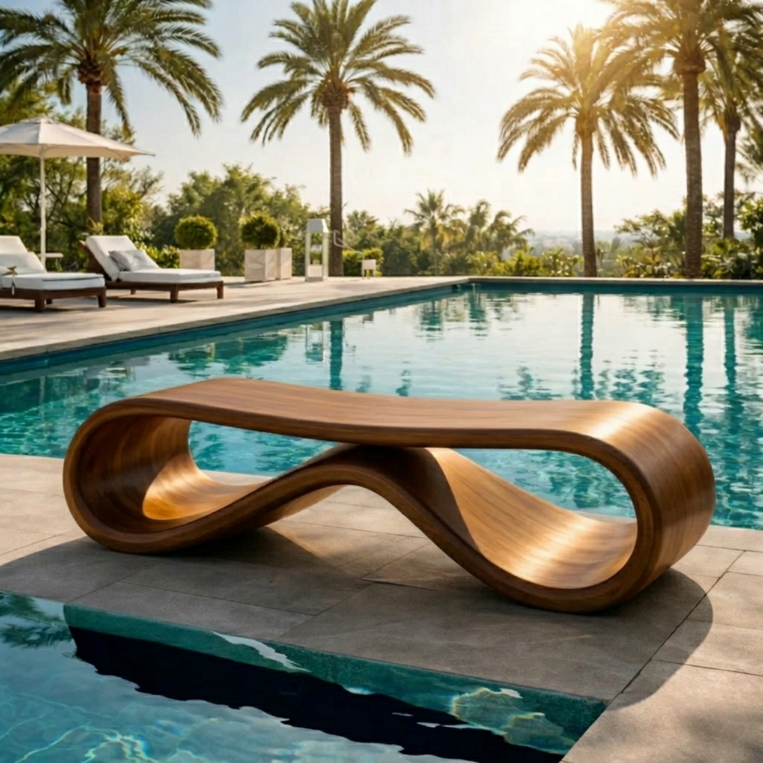 Handcrafted Outdoor Solid Wood Bench Sculptural Wave Form Modern Poolside Seating