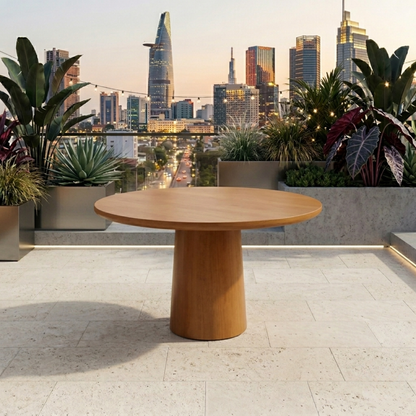 Round Solid Wood Outdoor Dining Table with Minimalist Cylinder Pedestal Base