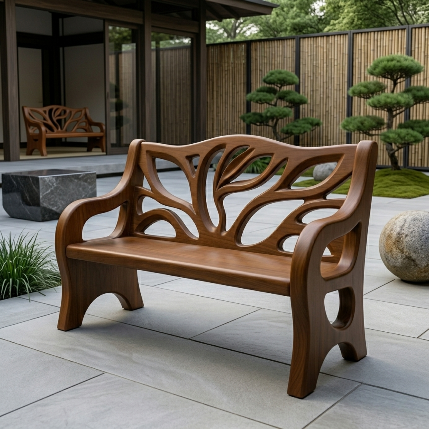 Solid Wood Outdoor Bench with Tree-Inspired Carved Backrest Garden Patio Seating