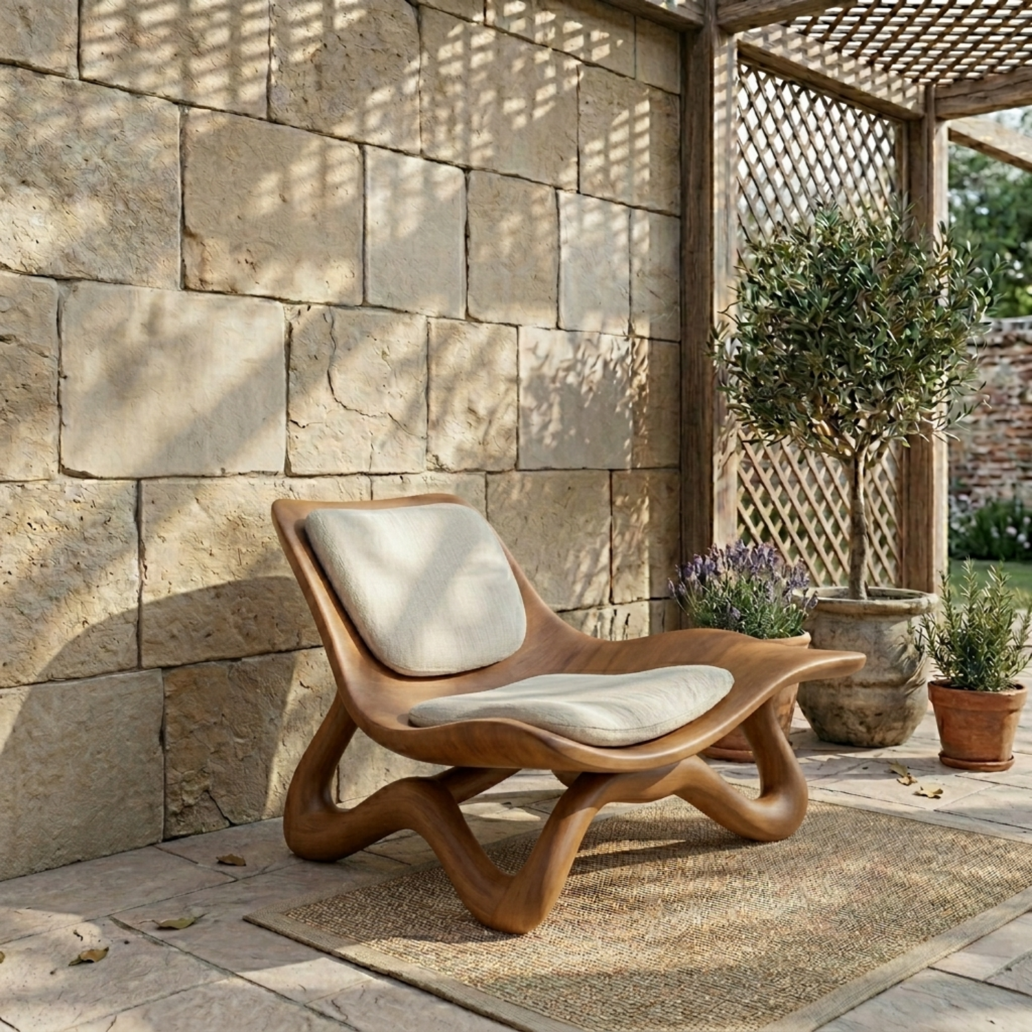 Handcrafted Solid Wood Lounge Chair – Modern Sculptural Curved Accent Chair