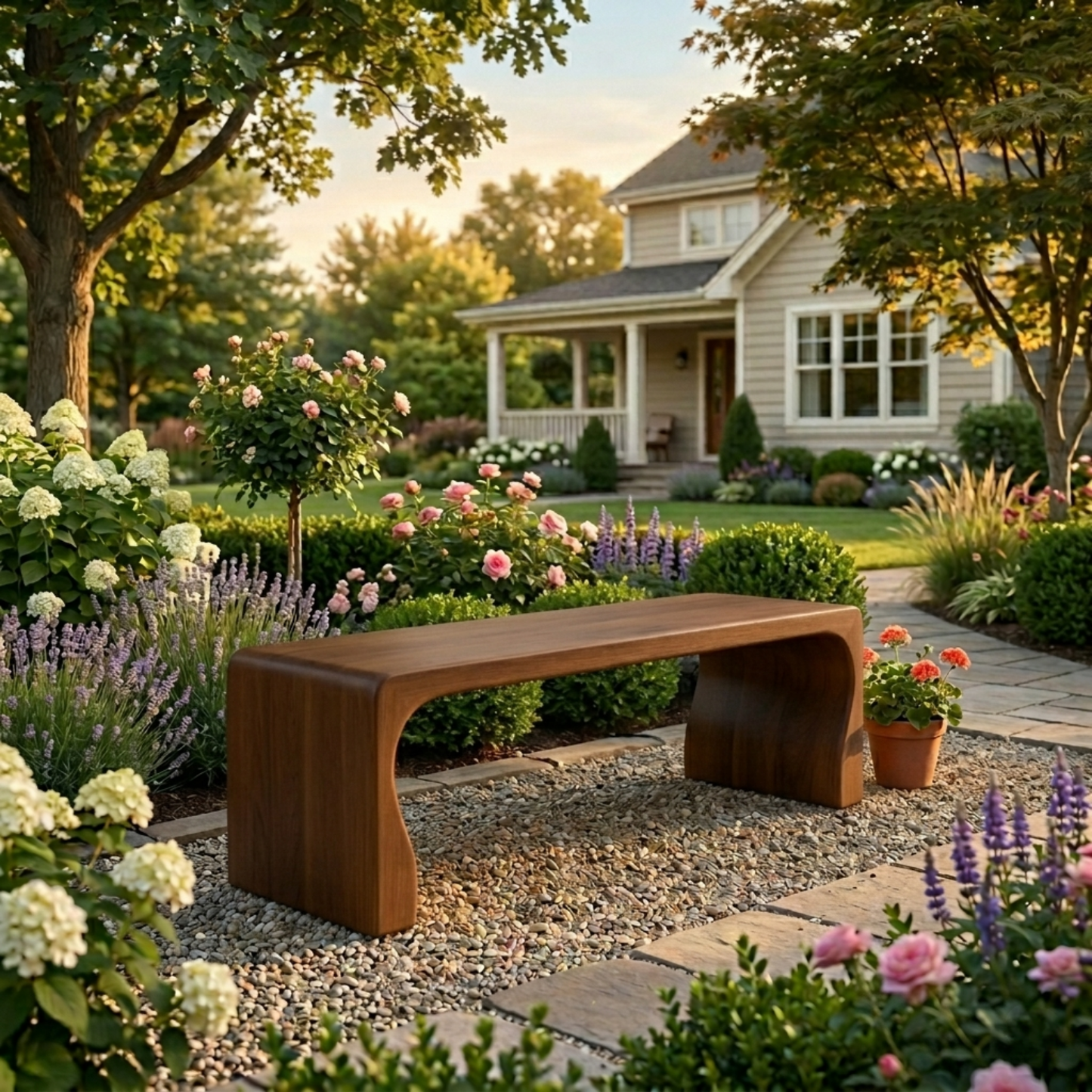 Solid Wood Outdoor Bench with Curved Waterfall Frame and Soft Rounded Edges