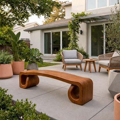 Solid Wood Outdoor Bench with Sculpted Wave Seat and Hollow Base Design