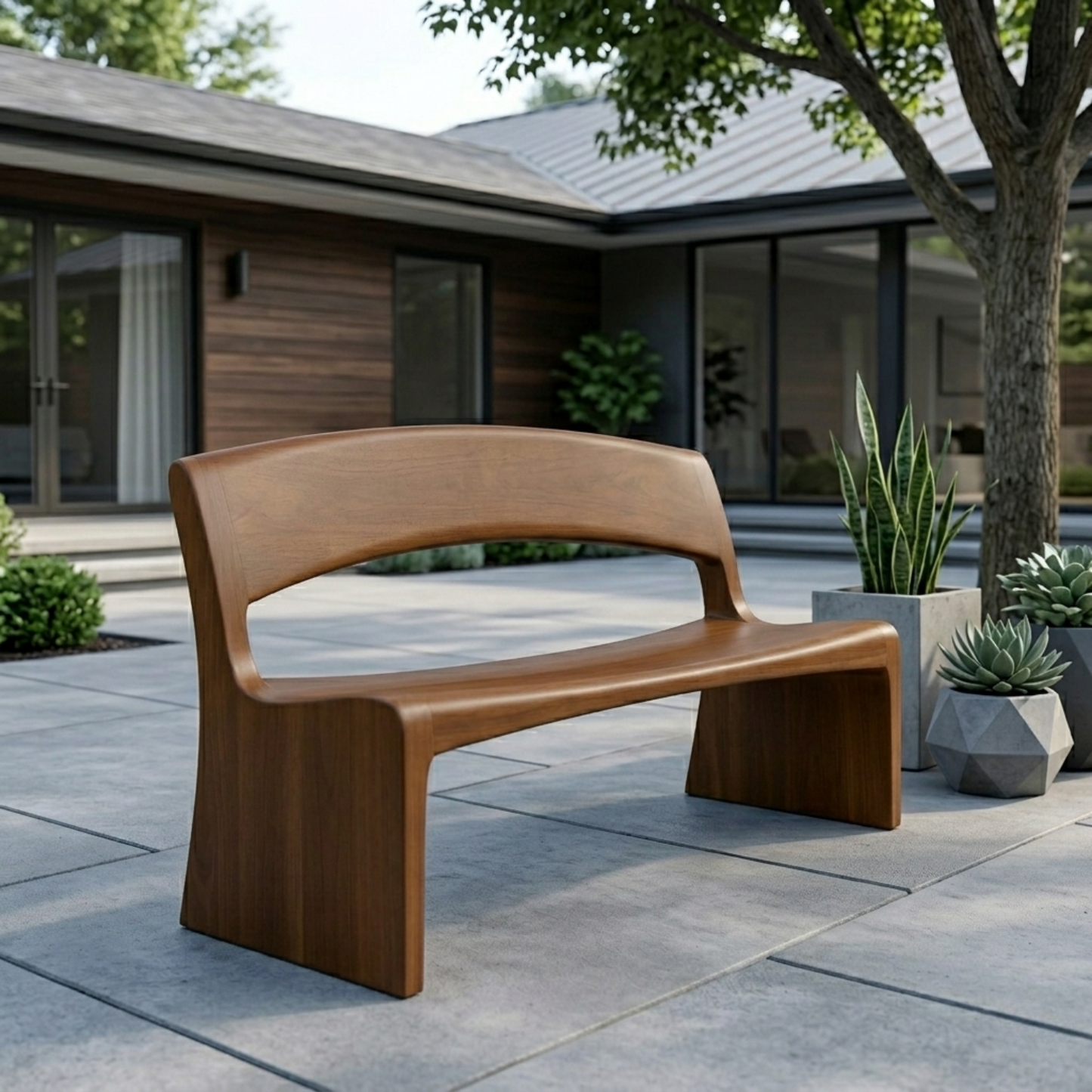Solid Wood Outdoor Bench with Open Back Curve Modern Patio Garden Seating