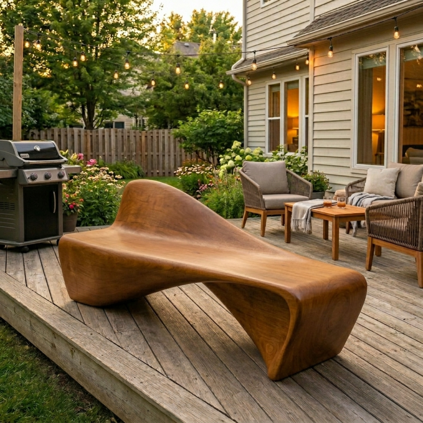 Solid Wood Outdoor Bench Sculptural Lounge Style with Ergonomic Curved Seat
