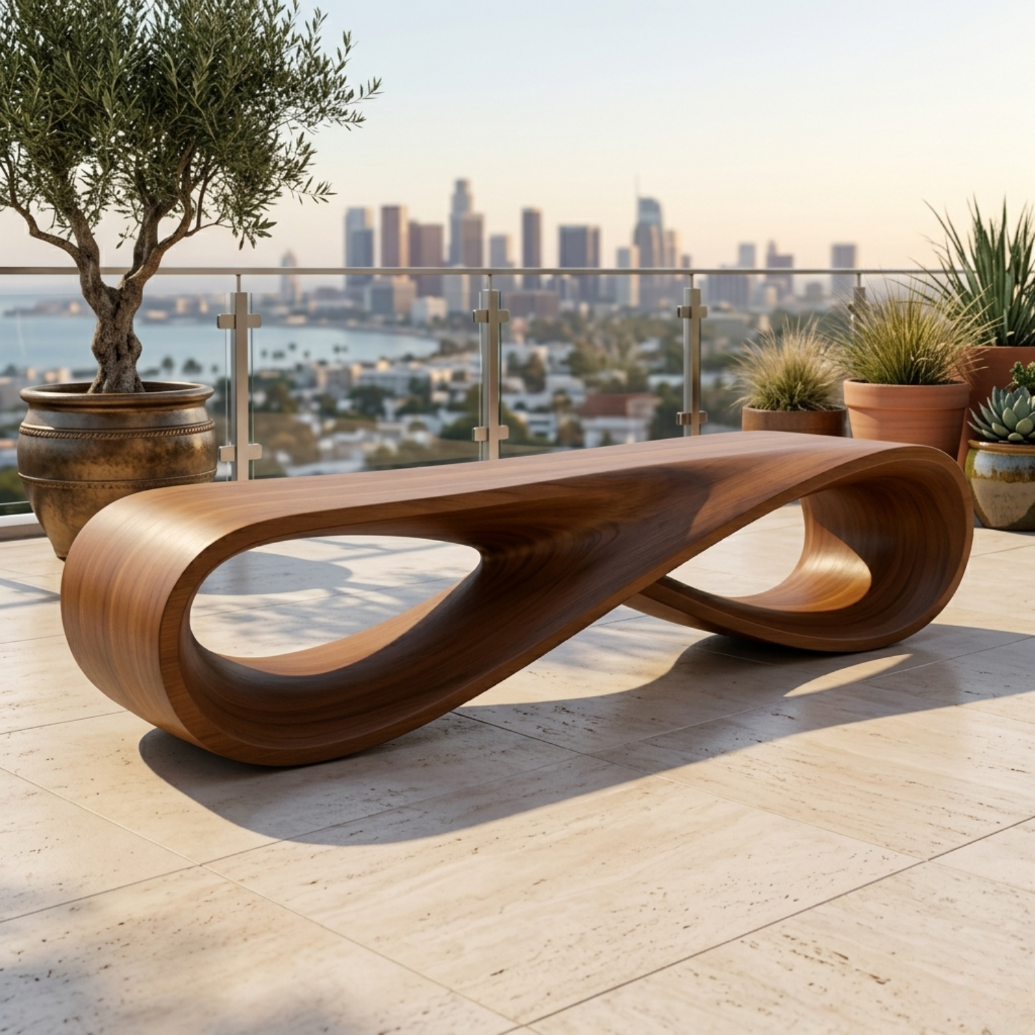 Handcrafted Solid Wood Outdoor Bench – Modern Loop Sculptural Patio Seating