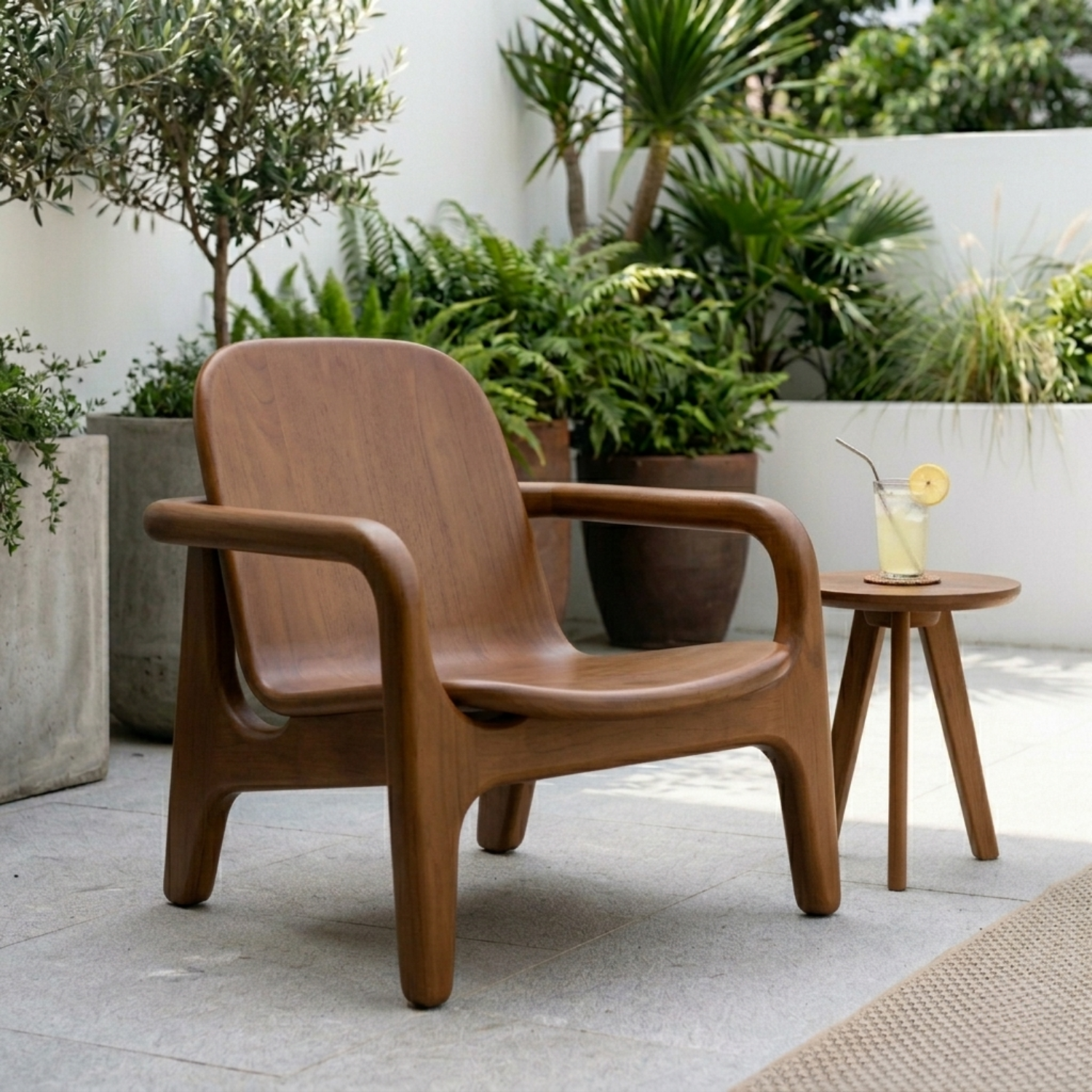 Curved Solid Wood Lounge Chair with Sculpted Armrests for Outdoor Patio