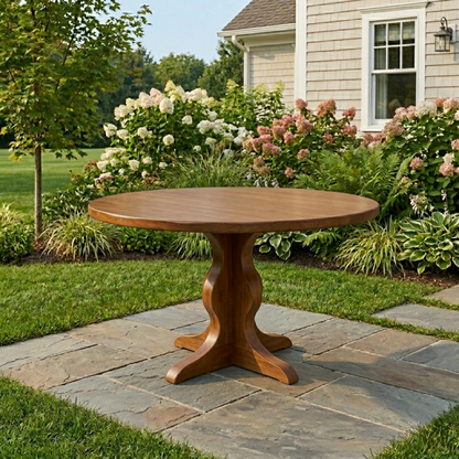 Round Solid Wood Outdoor Dining Table with Sculptural Pedestal Base