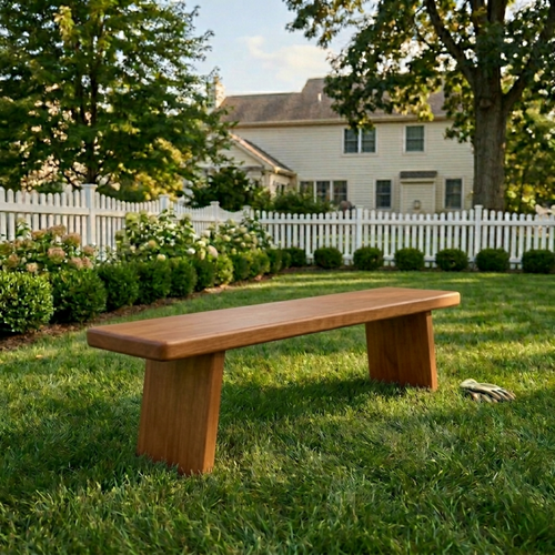 Solid Wood Outdoor Bench with Minimalist Slab Seat and Tapered Block Legs
