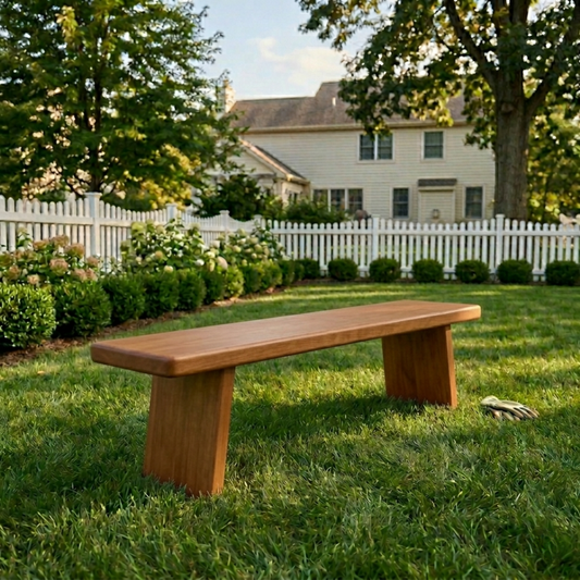 Solid Wood Outdoor Bench with Minimalist Slab Seat and Tapered Block Legs