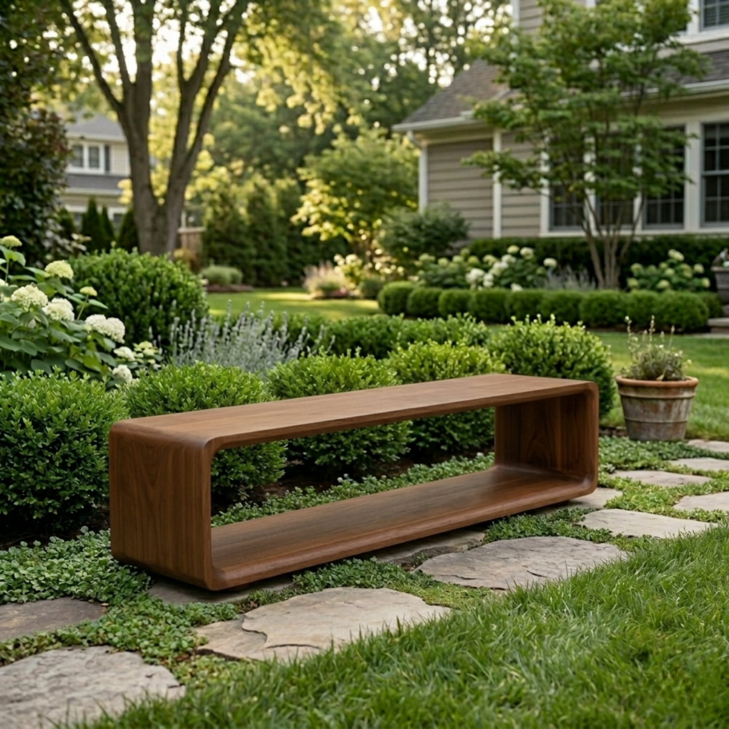 Solid Wood Outdoor Bench with Open Shelf Base and Rounded Waterfall Frame