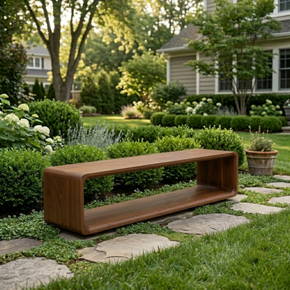 Solid Wood Outdoor Bench with Open Shelf Base and Rounded Waterfall Frame