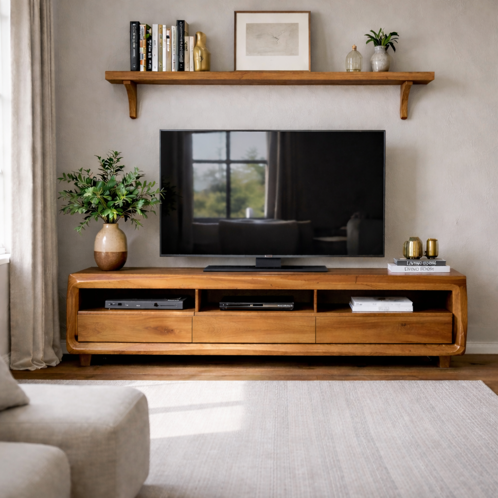 Solid Wood TV Stand with Drawers and Open Shelf – Rustic Modern Wooden Media Console Kitchnce