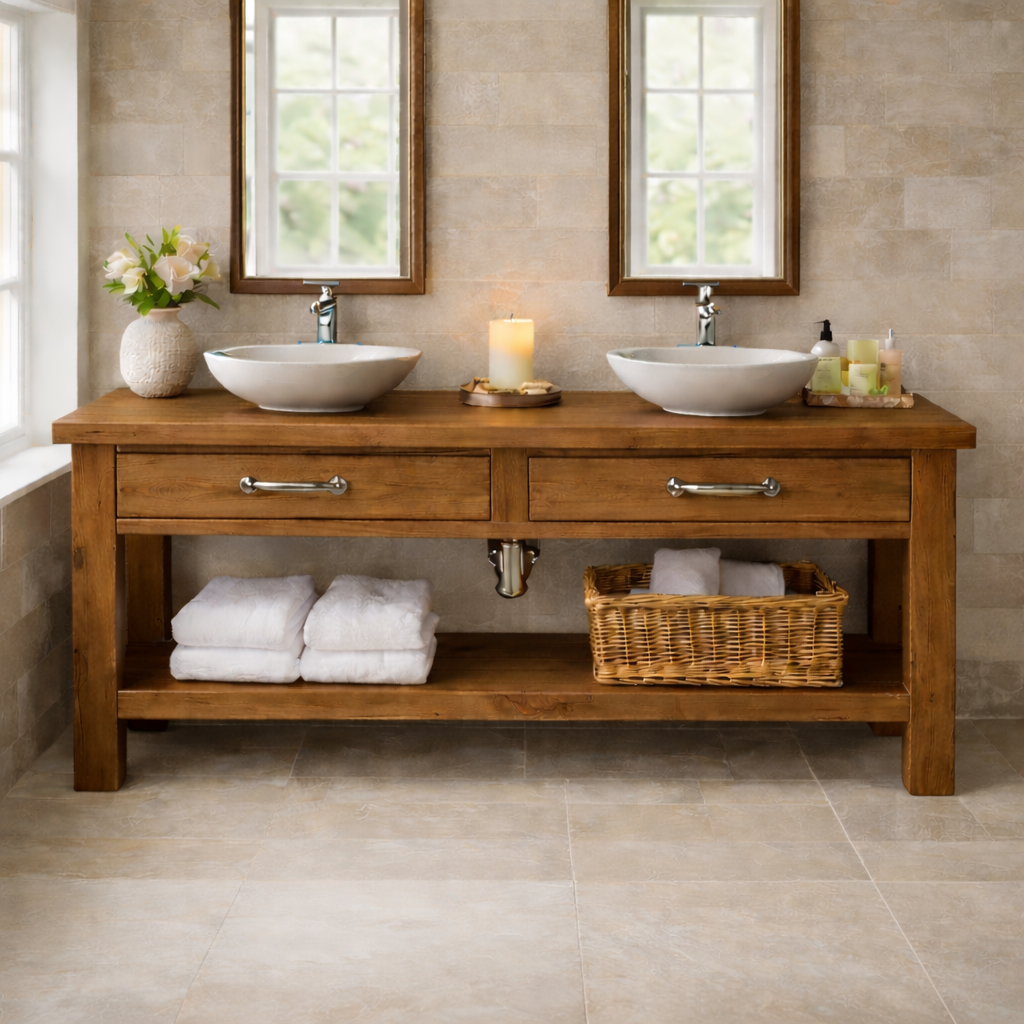 Solid Wood Double Bathroom Vanity with Drawers and Open Shelf Storage Kitchnce