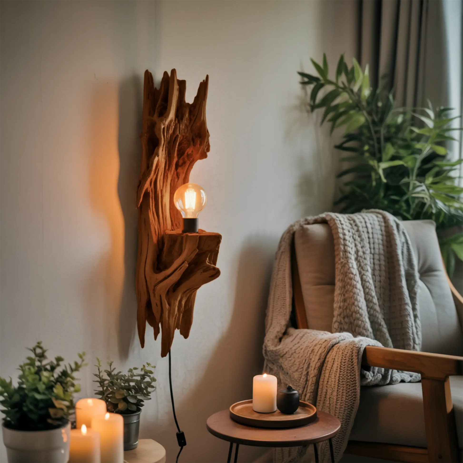 Rustic Driftwood Wall Lamp With Sculpted Form For Bedroom Or Living Room Kitchnce