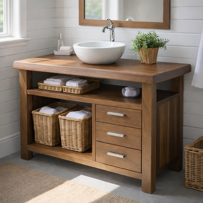 Handcraft Solid Wood Bathroom Vanity with Drawers and Open Shelf Storage Kitchnce