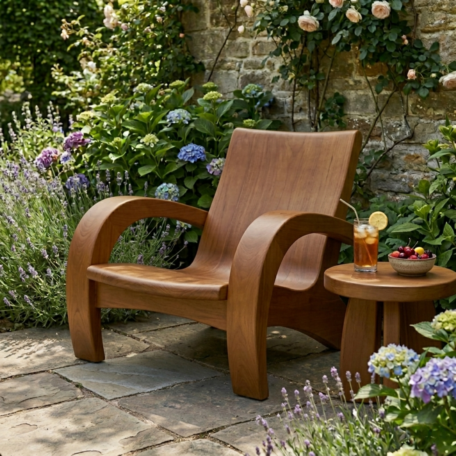 Modern Solid Wood Lounge Chair with Curved Armrests for Indoor & Outdoor Use