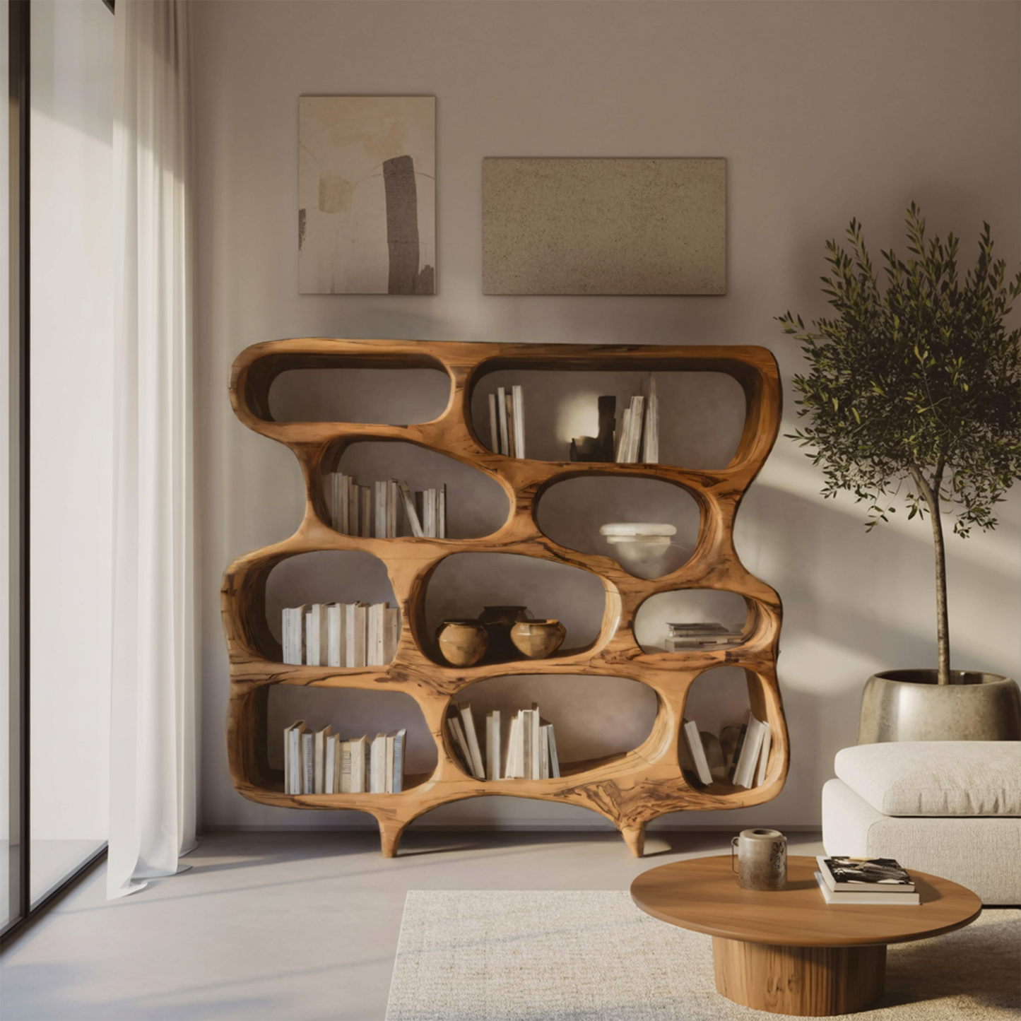 Artistic Bookshelf With Curved Design For Living Room Interior Kitchnce