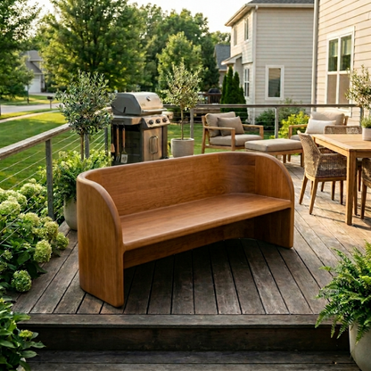 Solid Wood Outdoor Bench with Curved Backrest Sculptural Wraparound Design