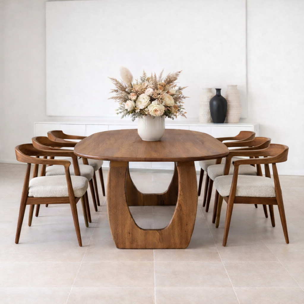 Solid Wood Oval Dining Table with U Shape Pedestal Base