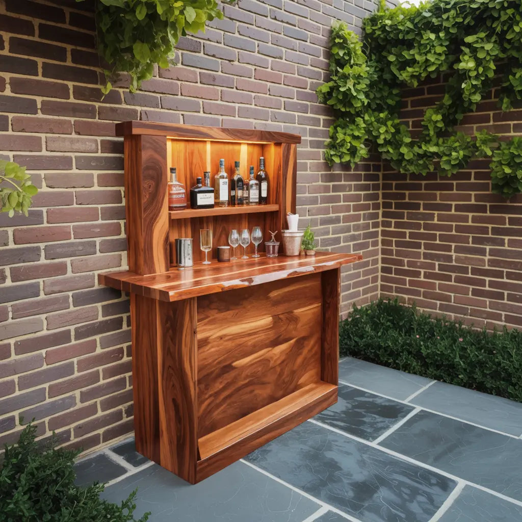 Live Edge Wall Mounted Outdoor Bar With Shelf And Lights For Patio Or Garden Kitchnce