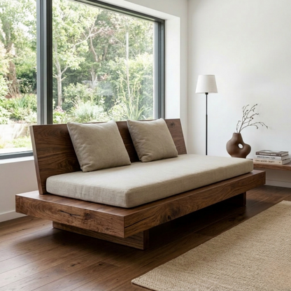 Minimalist Solid Wood Daybed with Platform Base and Angled Backrest – Modern Lounge Sofa