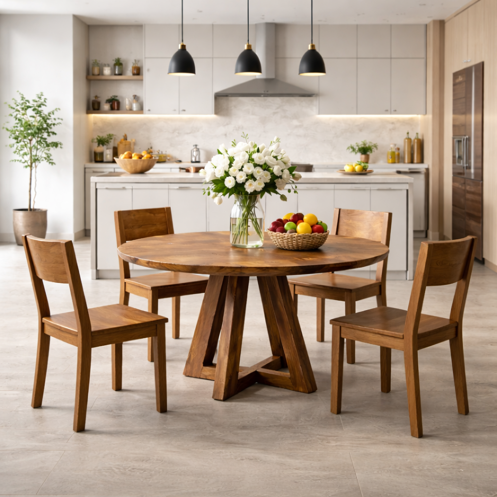 Modern Solid Walnut Round Dining Table with Sculptural Cross Base