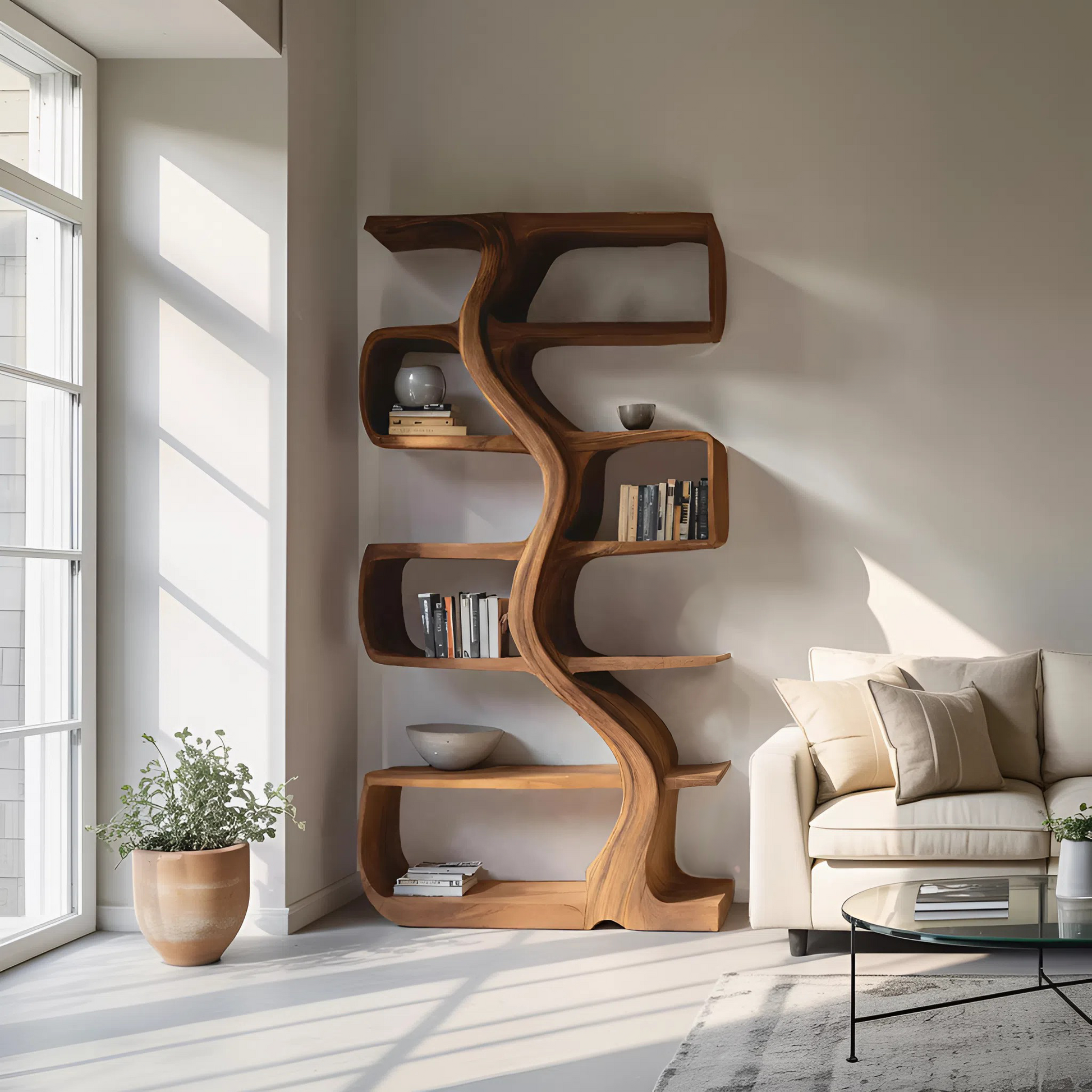 Organic Sculptural Bookshelf With Wavy Design For Living Room Kitchnce