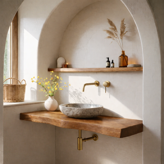 Solid Wood Floating Bathroom Vanity Shelf with Rustic Natural Finish Kitchnce