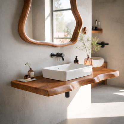 Live Edge Oak Floating Bathroom Vanity Shelf with Natural Finish Kitchnce
