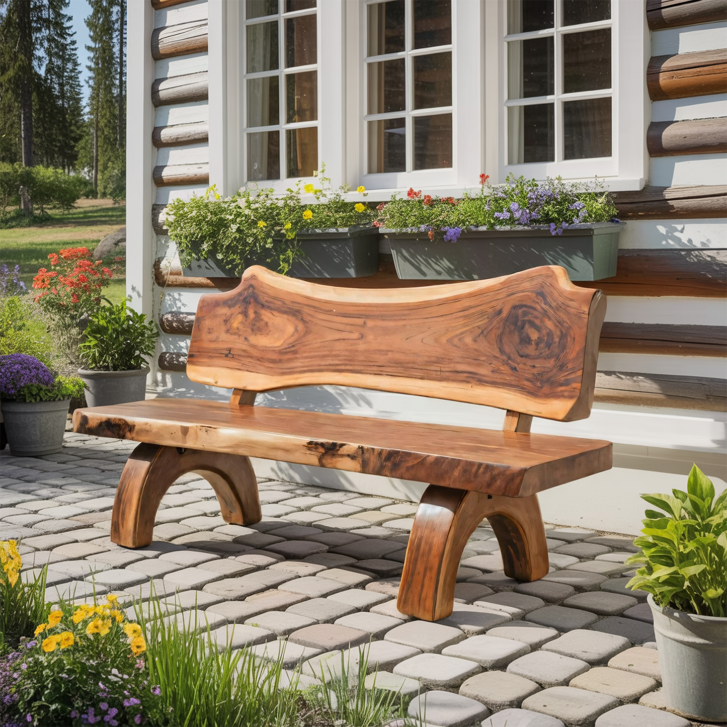 Rustic Live Edge Bench With Backrest For Patio Garden Courtyard Kitchnce