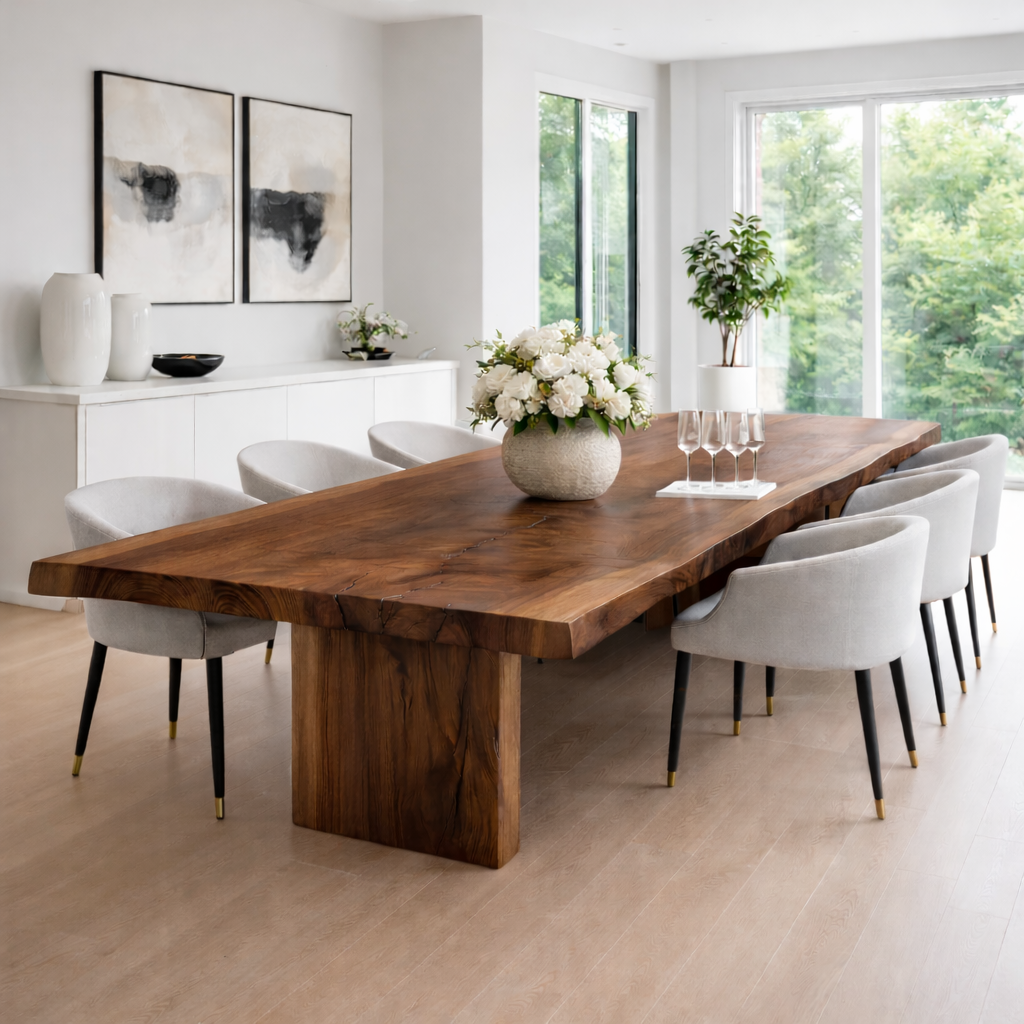 Solid Walnut Live Edge Dining Table with Sculptural Wood Base