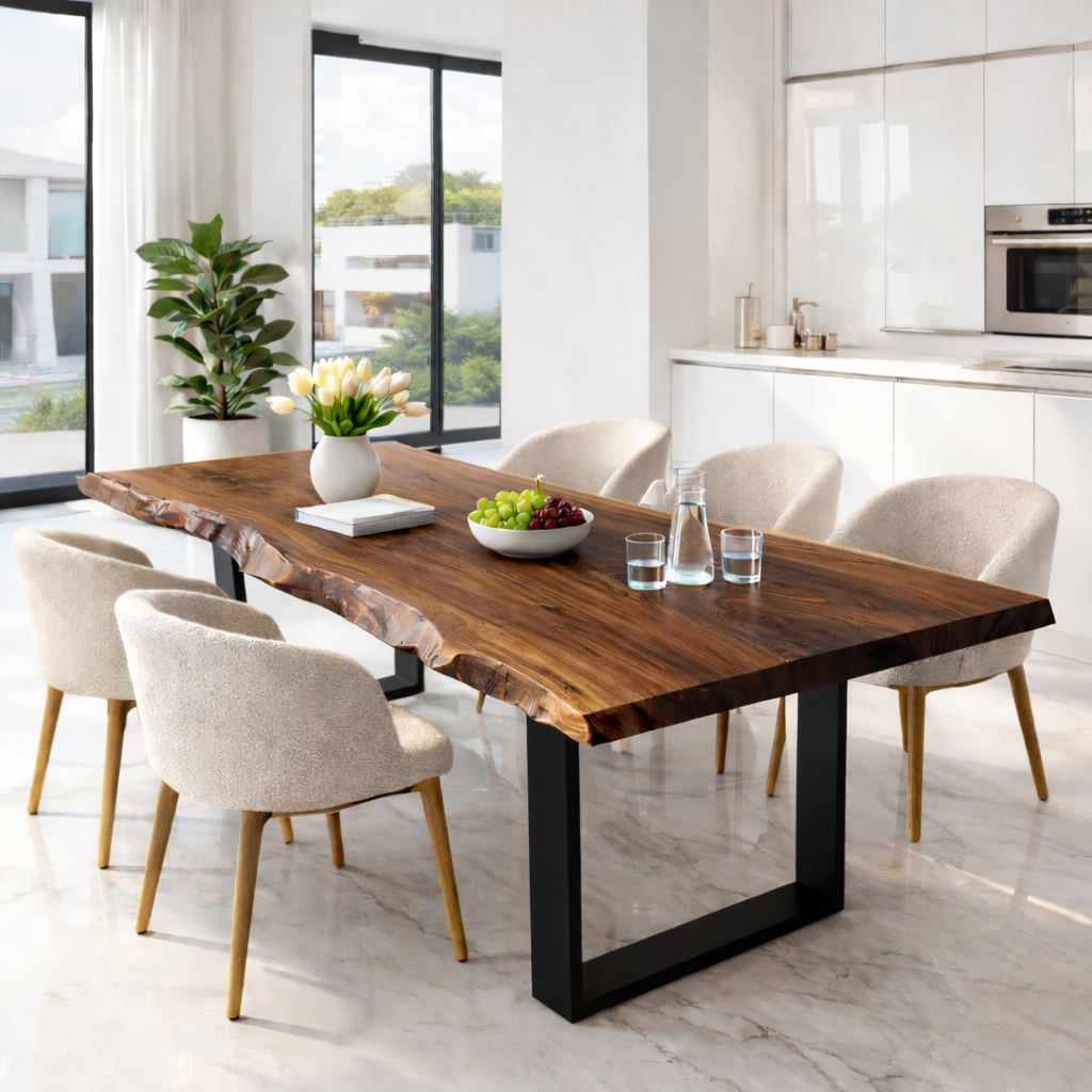 Live Edge Walnut Dining Table with Black Metal U-Shape Legs Kitchnce
