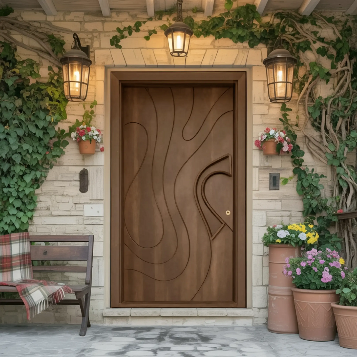 Modern Sculpted Door With Abstract Carving For Entryway And Contemporary Exterior Kitchnce
