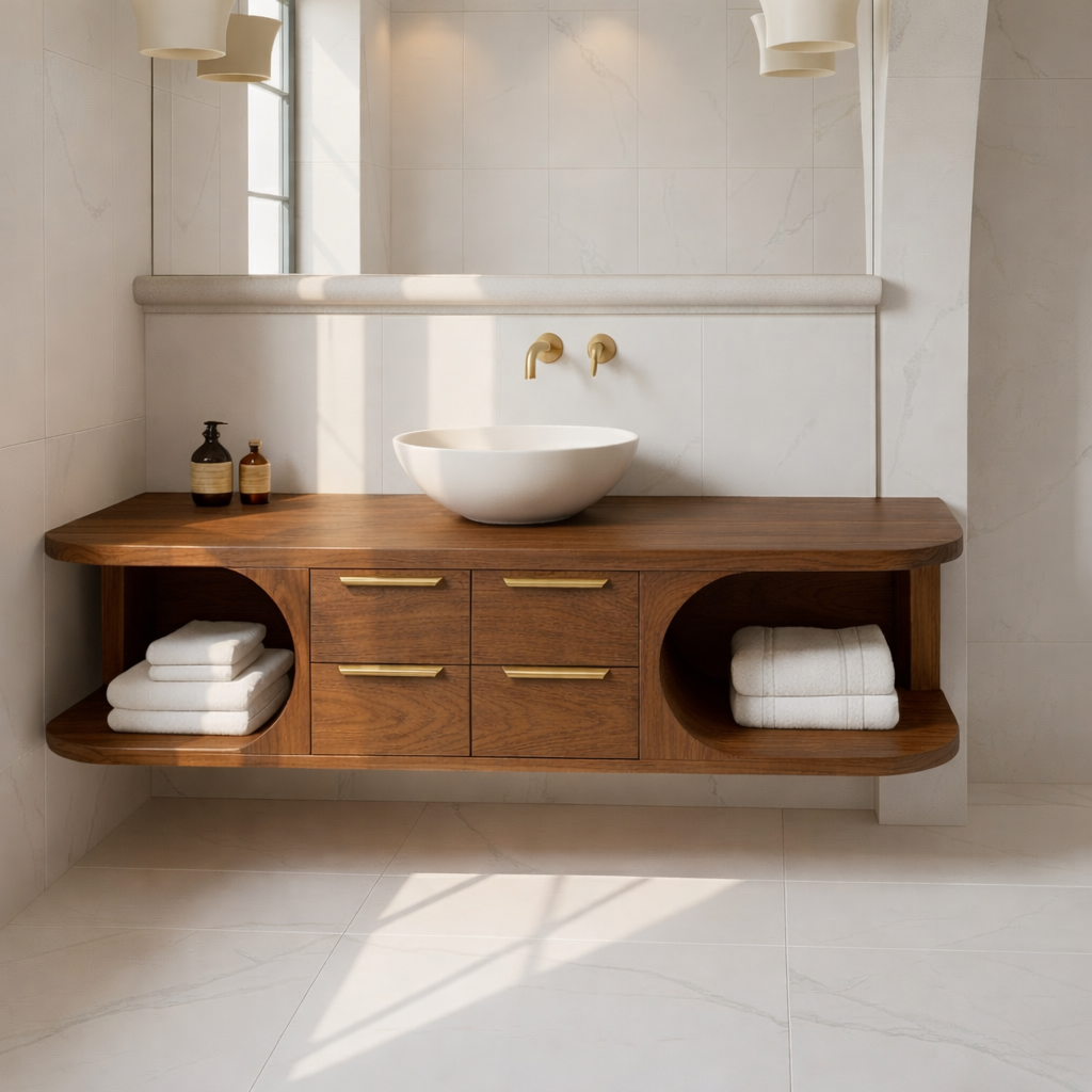 Floating Solid Wood Bathroom Vanity with Drawers and Open Shelves for Contemporary Bathrooms Kitchnce