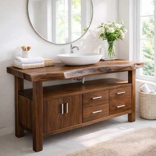 Live Edge Solid Wood Bathroom Vanity with Double Cabinet Doors, Four Drawers and Open Shelf