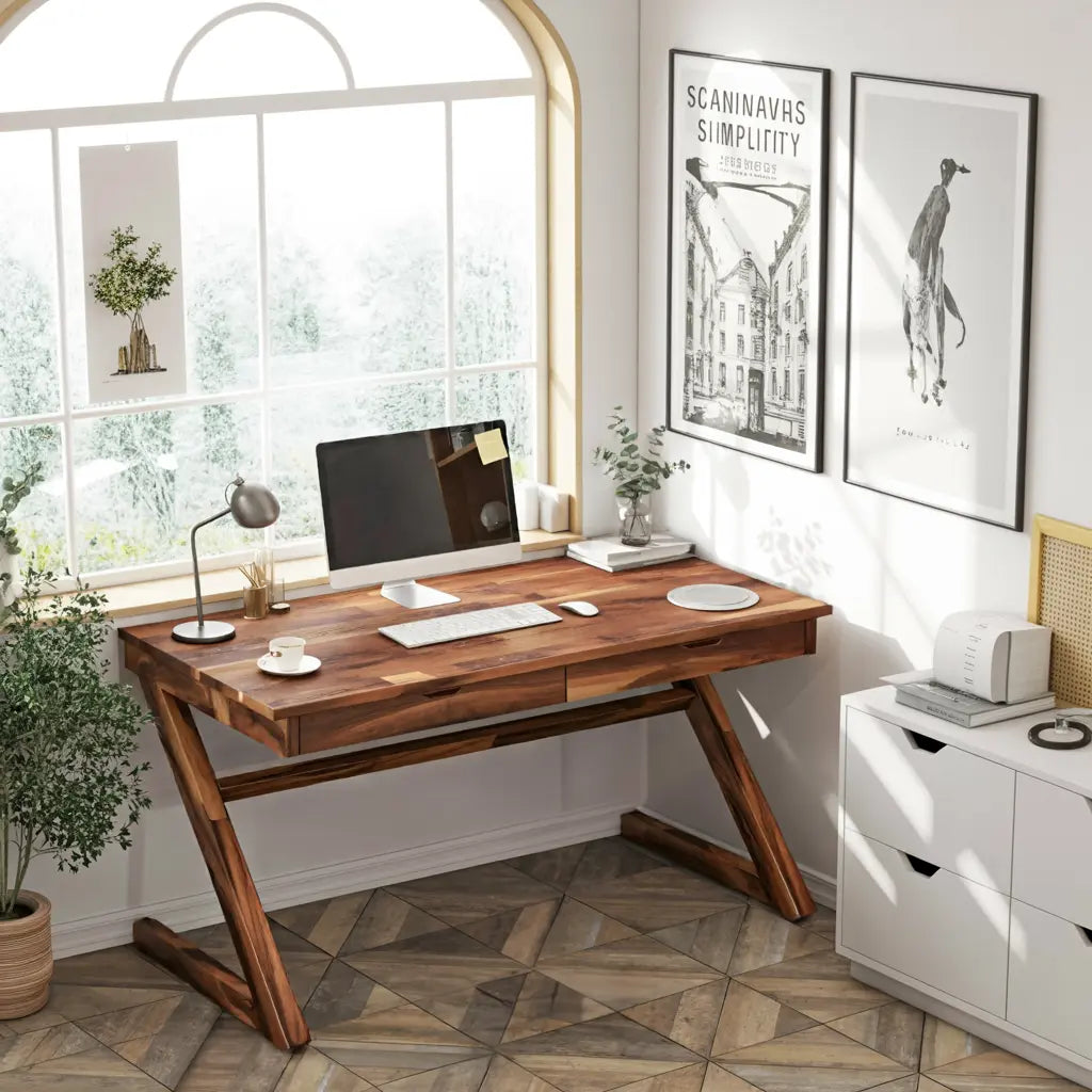 Modern Z Leg Wooden Writing Desk With Drawers For Home Office Or Studio Kitchnce