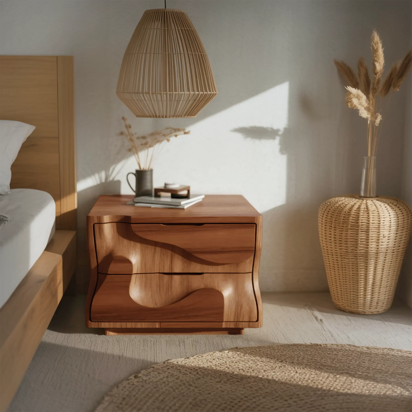 Modern Wavy Nightstand with Carved Drawer Cabinet For Bedroom And Living Room Kitchnce