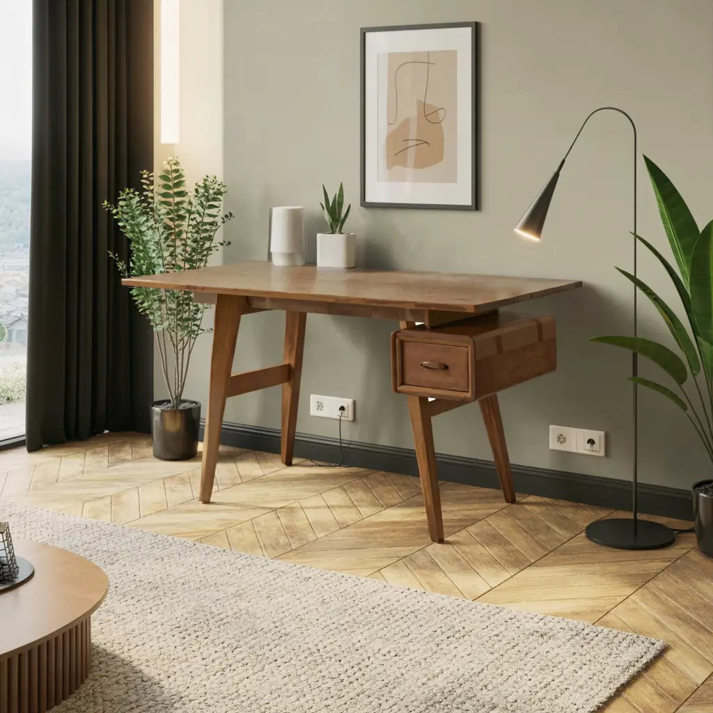Mid-Century Desk With Drawer For Home Office Space Kitchnce