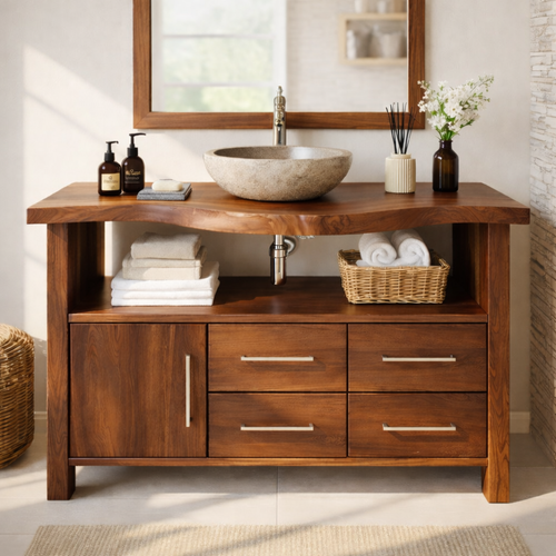 Live Edge Solid Wood Bathroom Vanity with Single Cabinet Door, Four Drawers and Open Shelf for Modern Farmhouse